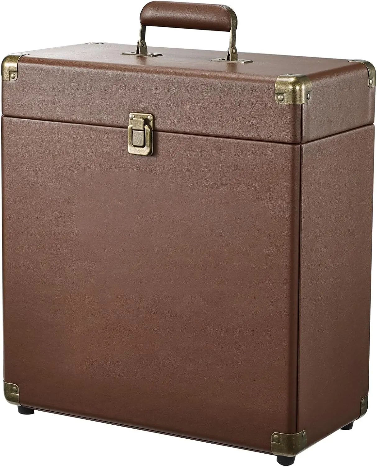 Brown Vinyl Album Storage Box with Lock, Lid & Handle, Collapsible Crate for 7-12 in 30+ Singles, Water-Resistant Organizer for Record Collectors’ Valuable Collections