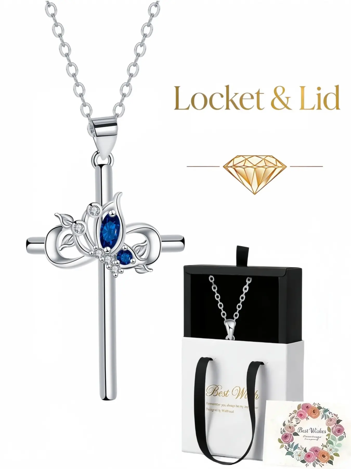 Blue Diamond Cross Bloom Luxury sapphire clavicle necklace with butterfly and cross elements for women.Comes with an exquisite drawer-style jewelry box, perfect for birthdays, Mother's Day, Valentine's Day, Christmas and anniversaries.