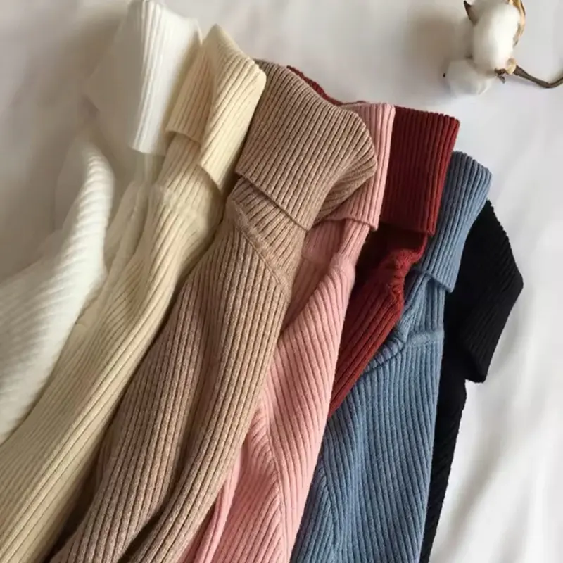 2025 Autumn Winter Thick Sweater Women Knitted Ribbed Pullover Sweater Long Sleeve Turtleneck Slim Jumper Soft Warm Pull Femme