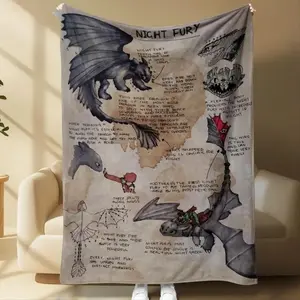 How to Train Your Dragon Sketch Fleece Throw Blanket, Night Fury Art Design with Slogan Print, Soft Warm Cozy Fantasy Lover Option, Bedroom Decor Textile