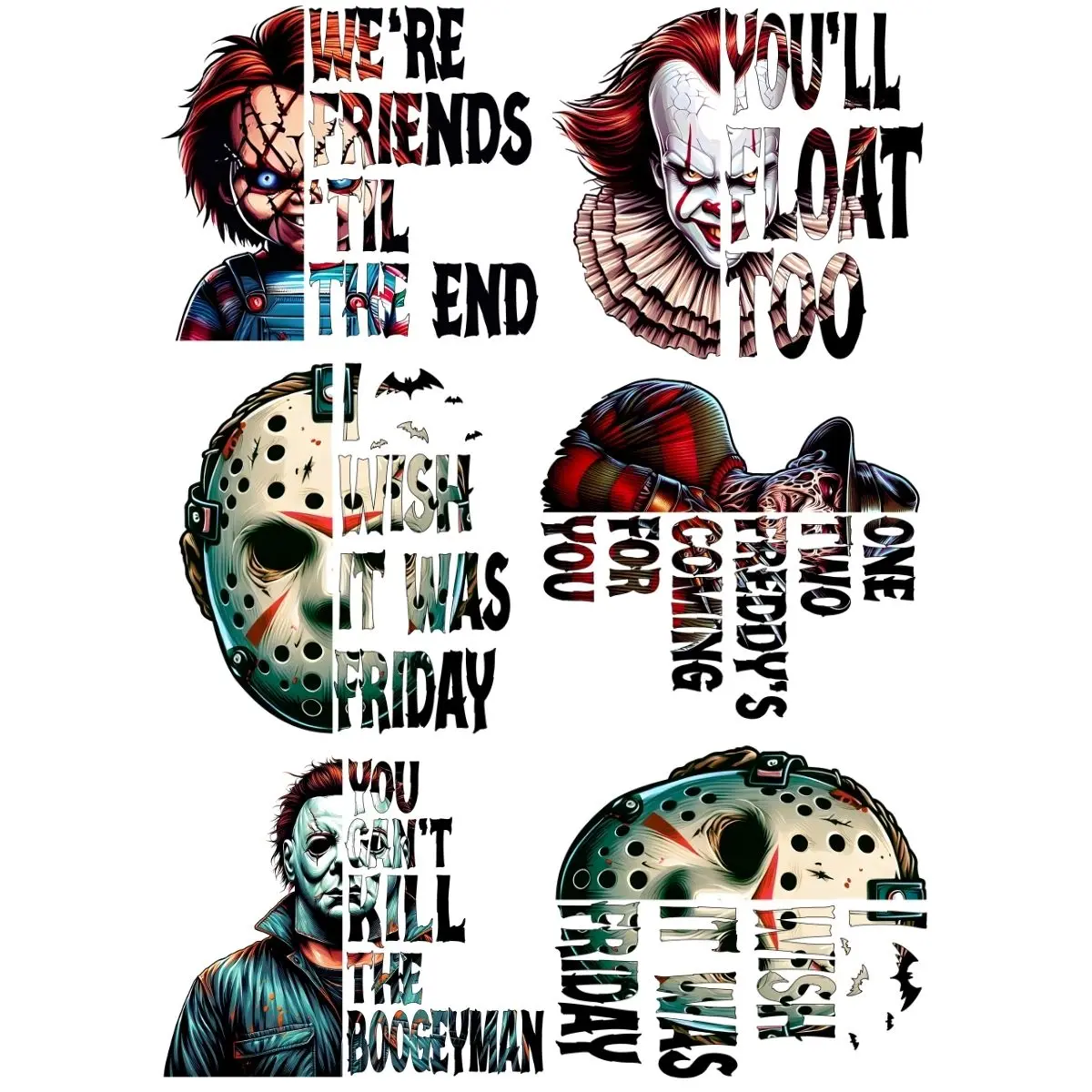 Halloween Mini Horror Movie killer 2 Friends premade DTF gang sheet-6 adult prints  Graphics Summer Tshirt Streetwear Womenswear Top