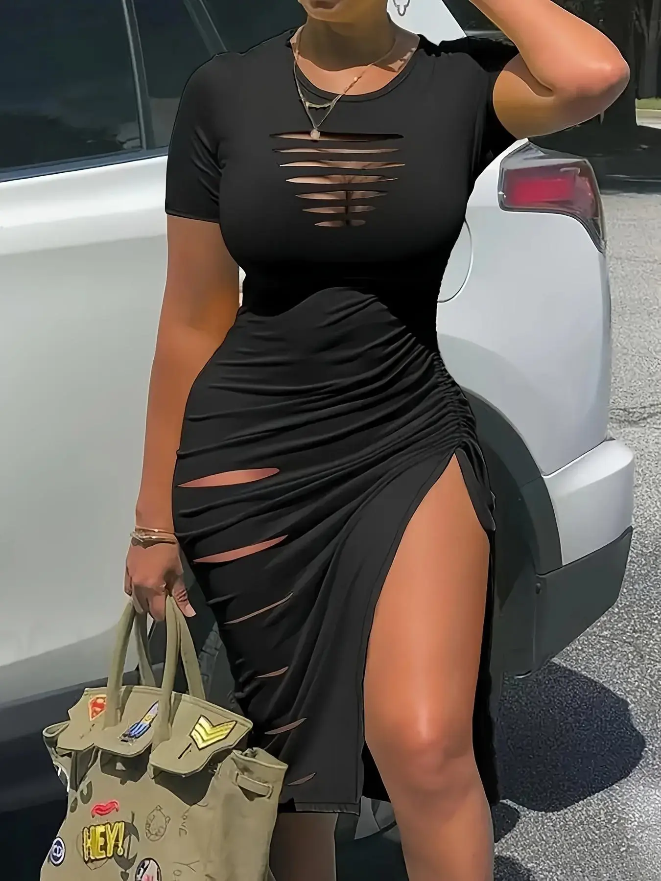 Plus Size Solid Ruched Ripped Split Thigh Bodycon Dress, Women's Round Neck Short Sleeve Dress for Summer, Fashion Women Plus Clothing for Party Club Wear