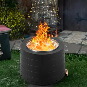 19.5" Smokeless Outdoor Fire Pit - Stainless Steel Wood Burning, Removable Ash Pan, Handles & Weather Cover (Black)