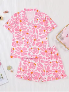 Children's leisure comfortable pajamas 2 sets of suits, cute children's fun pink base full-print charming floral print cardigan, washable new flame retardant collar cardigan shirt short sleeves, elastic waist loose shorts, Soft Casual Pajamas