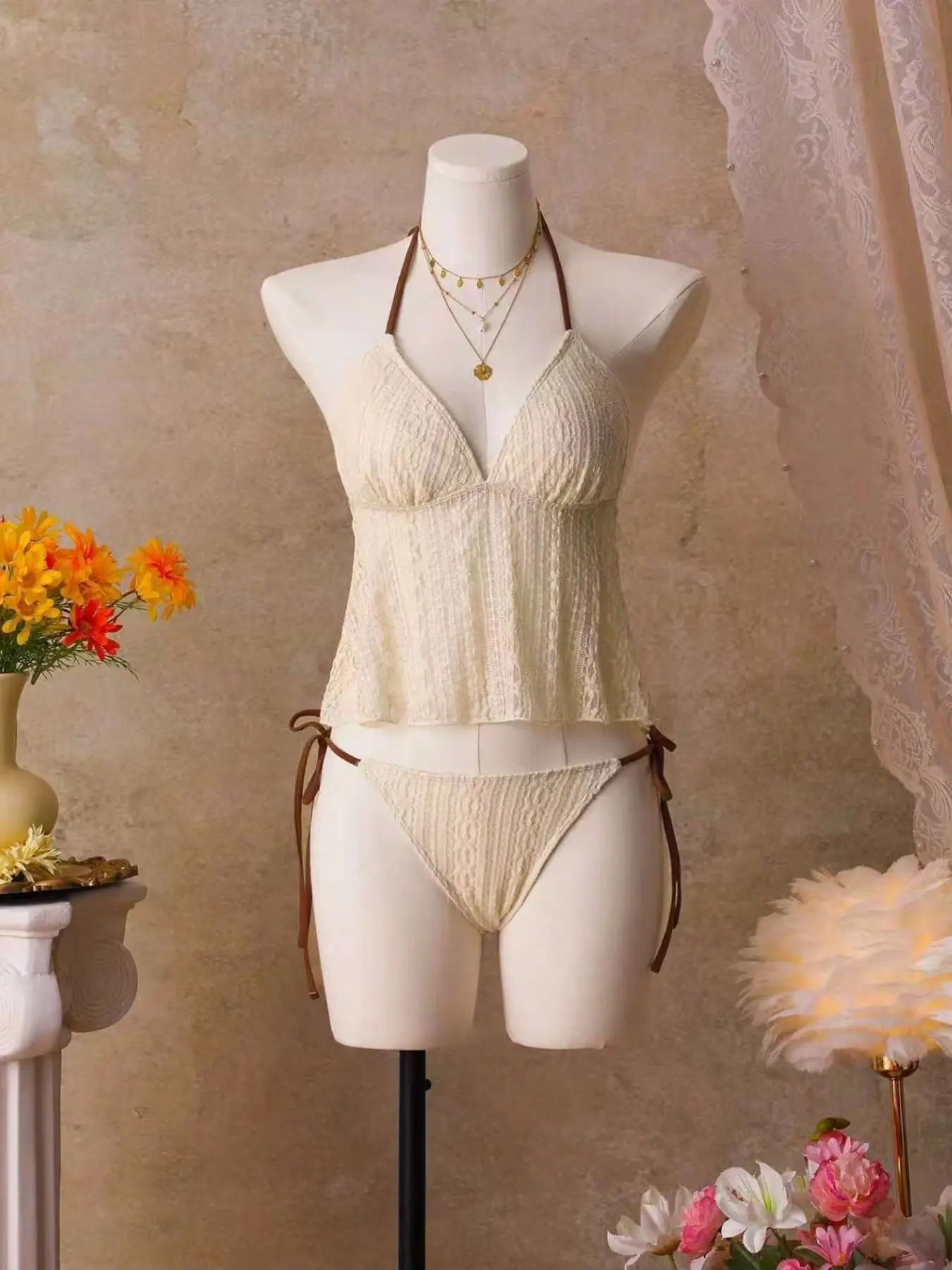New Two-Piece Set, Almond Lace Vintage Swimsuit, Soft Almond Color Base, Textured Lace Fabric, French Retro Style, All Seasons, Bathing Suit Outfits, Tankini Sets, Tankini Swimwear Set, Summer Tankinis Set, Tankini Swimsuits Women