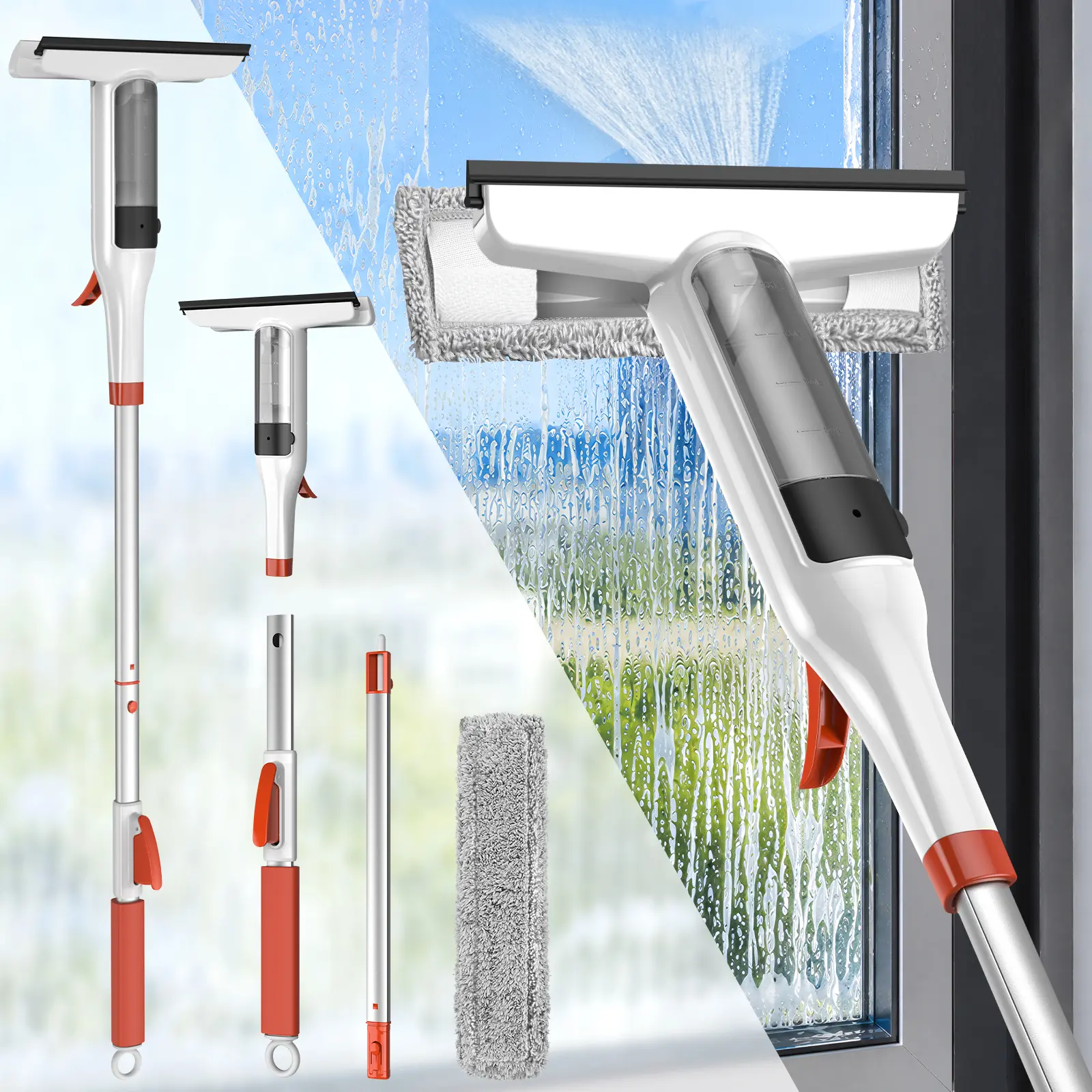55" Spray + Squeegee Window Cleaner Kit with Adjustable-Length Aluminum Pole, Washable Pads for Multipurpose Surface & Tile Cleaning