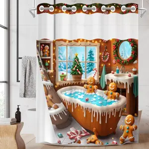 1PC/4PCS 2D Flat Printing Merry Christmas Gingerbread Man Bathroom Patterned shower curtain, home bathroom decor, shower curtain set with 12 hooks, non-slip bathroom rug, U-shaped toilet seat cover, toilet seat mat.