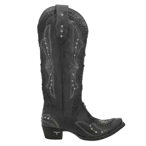 Lane Womens Cossette Embroidered Studded Snip Toe Casual Boots Knee High Low Heel 1-2" - Black