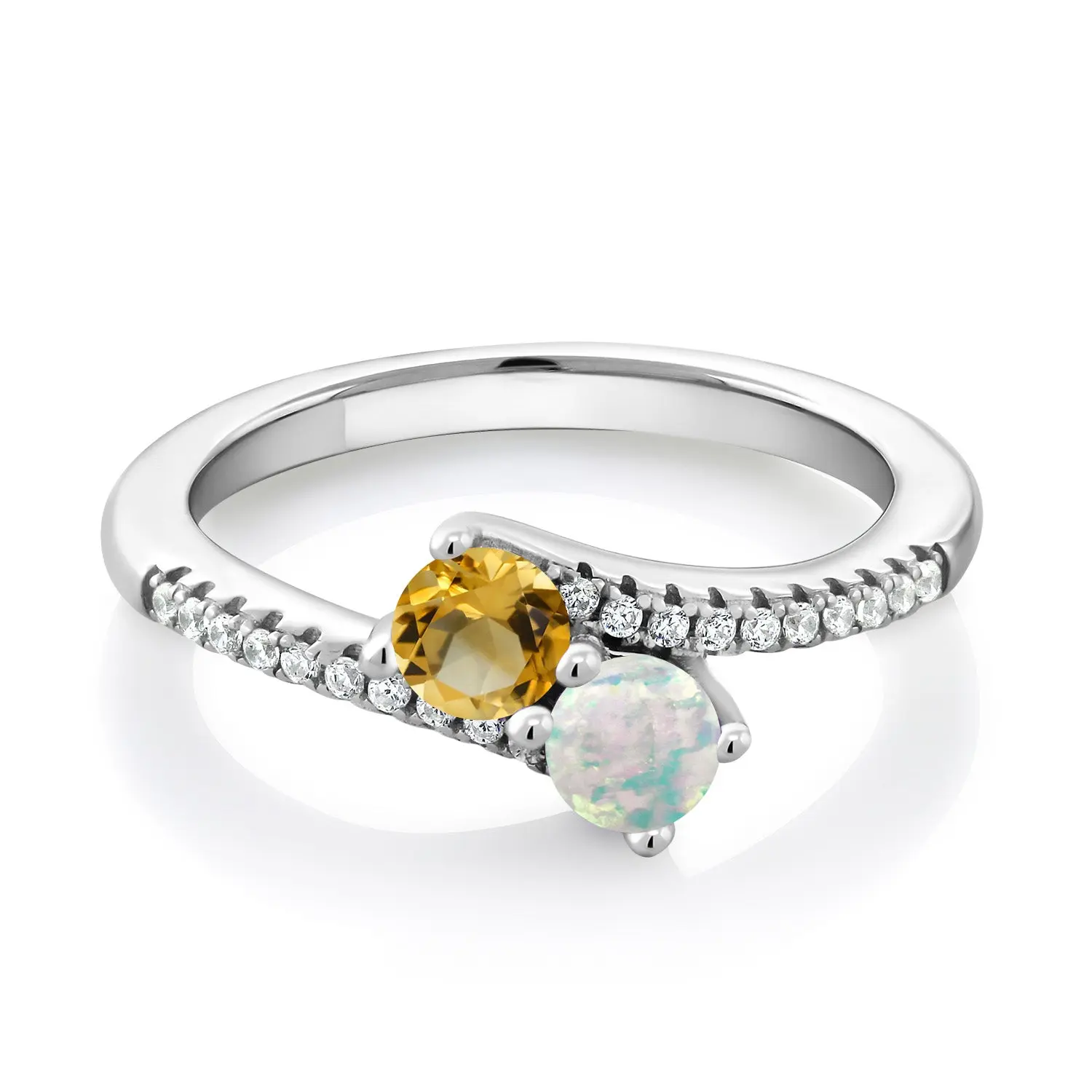 Two-Stone Bypass Ring for Women in 925 Sterling Silver | 4MM Round Gemstone Birthstone and Yellow Citrine | Crossover Anniversary Engagement Wedding Promise Ring | Sizes 5, 6, 7, 8, 9