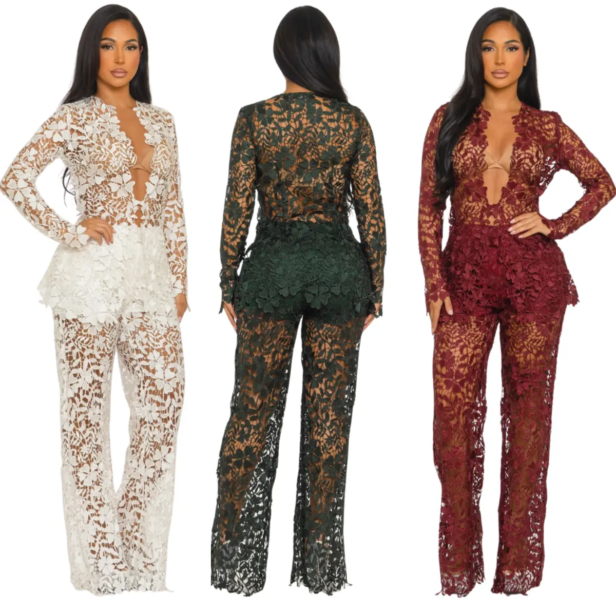 Floral Sheer Lace  Set – Elegant Long Sleeve See-Through Pantsuit | Evening, Birthday & Special Occasion Outfit Womenswear Elegance