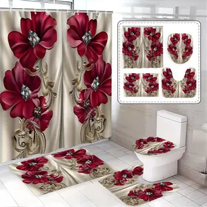 Elegant Diamond Floral Bathroom Set, Includes Shower Curtain, Mat, Toilet Cover, U-Shaped Pad, Home Bath Decor, Perfect Gift, Shower Curtain Sets
