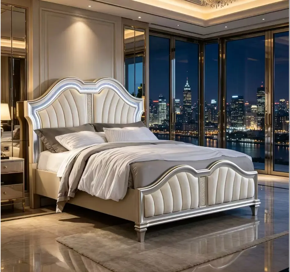 Bellemave silver champagne veneer soft cushion bed frame, solid wood frame Featuring LED decoration - a modern luxurious bedroom with a curved plush design Your dream bedroom starts here! The Glam silver cushioned bed feels like a hotel suite
