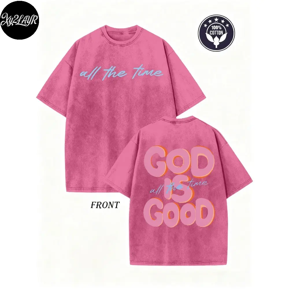 Menswear Washed Cotton Round Neck Short-Sleeved T-Shirt - Innovative Double-Sided "GOD IS GOOD" Pattern, Soft Breathable Casual Streetwear, Loose Vintage Spring Summer Style, School