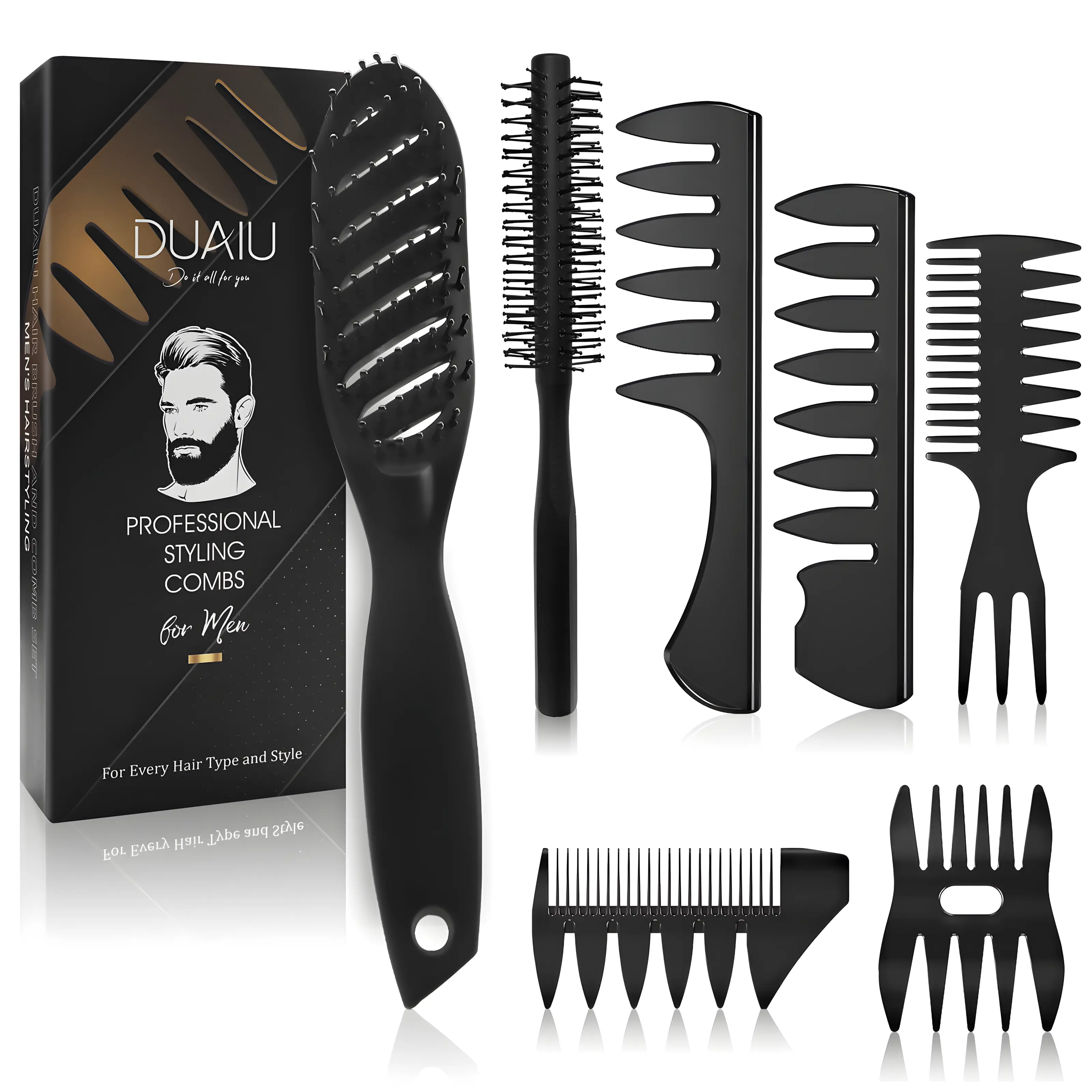 Hair Brush for Men, DUAIU 7Pcs Combs for Men, Hair Styling Comb Set with Vent Hair Brushes, Quiff Round Hair Brush, Wide Tooth Combs, Texture Comb for Blow Drying, Detangling, Grooming, Hairdressing curl defining Salon Equipment