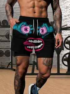 Men's 3D Cartoon Smiley Face Big Eyes Fun Lined Shorts, Two-In-One Beach Swim Trunks, Mid-Waist Hawaiian Vacation Elastic Drawstring Waist