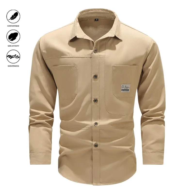 Men’s cargo long-sleeve work shirt, button-down shirt for outdoor work and daily commute, casual outer layer