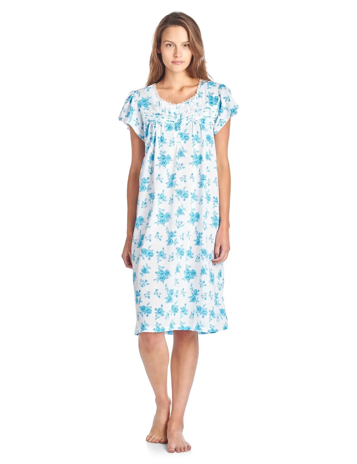 Casual Nights Women's Night Gown, Relaxed Fit Cotton Short-Sleeve Floral Pullover with Lace Trim and Button Accent, Loungewear, Night Gown For Women, Lightweight