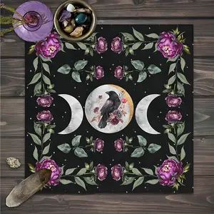 Mystical Crow flora Triple Moon Phase Design Square Tarot Tablecloth, Witch-style home decor Altar Cloth Multiple Sizes Polyester Fabric, Easy to Clean and Maintain Decorative Divination Cloth for Spreads & Rituals Gift for family and friends