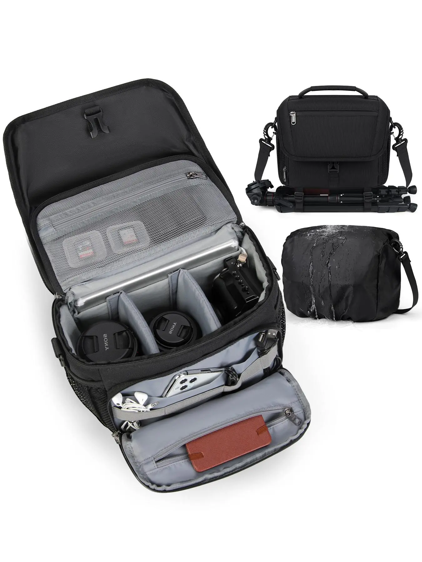 Professional Camera Backpack, Waterproof Anti-theft Camera Bag with Removable Divider & Rain Cover, Camera Backpack for DSLR Camera Canon Nikon Sony, Camera Zipper Bag, Camera Accessories