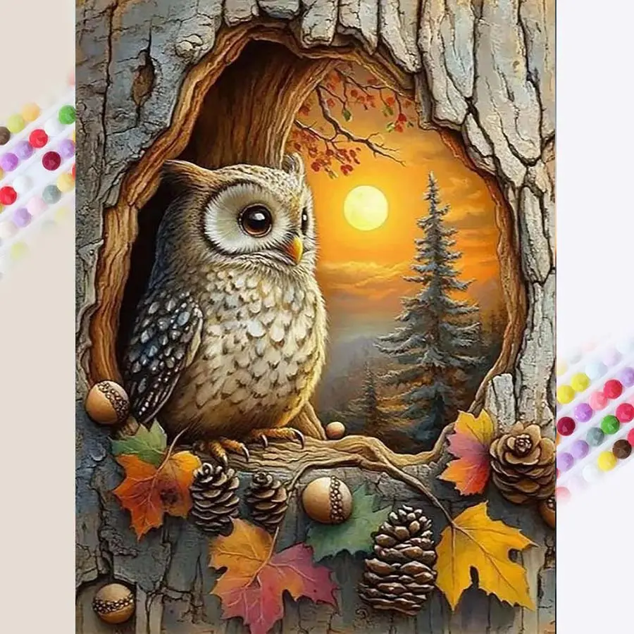 1 set of DIY diamond painting kit, 5D diamond art set, DIY decoration owl, autumn, dusk. Mosaic, diamond art, DIY art home decoration, Handmade Gifts, Diy Diamond Arts