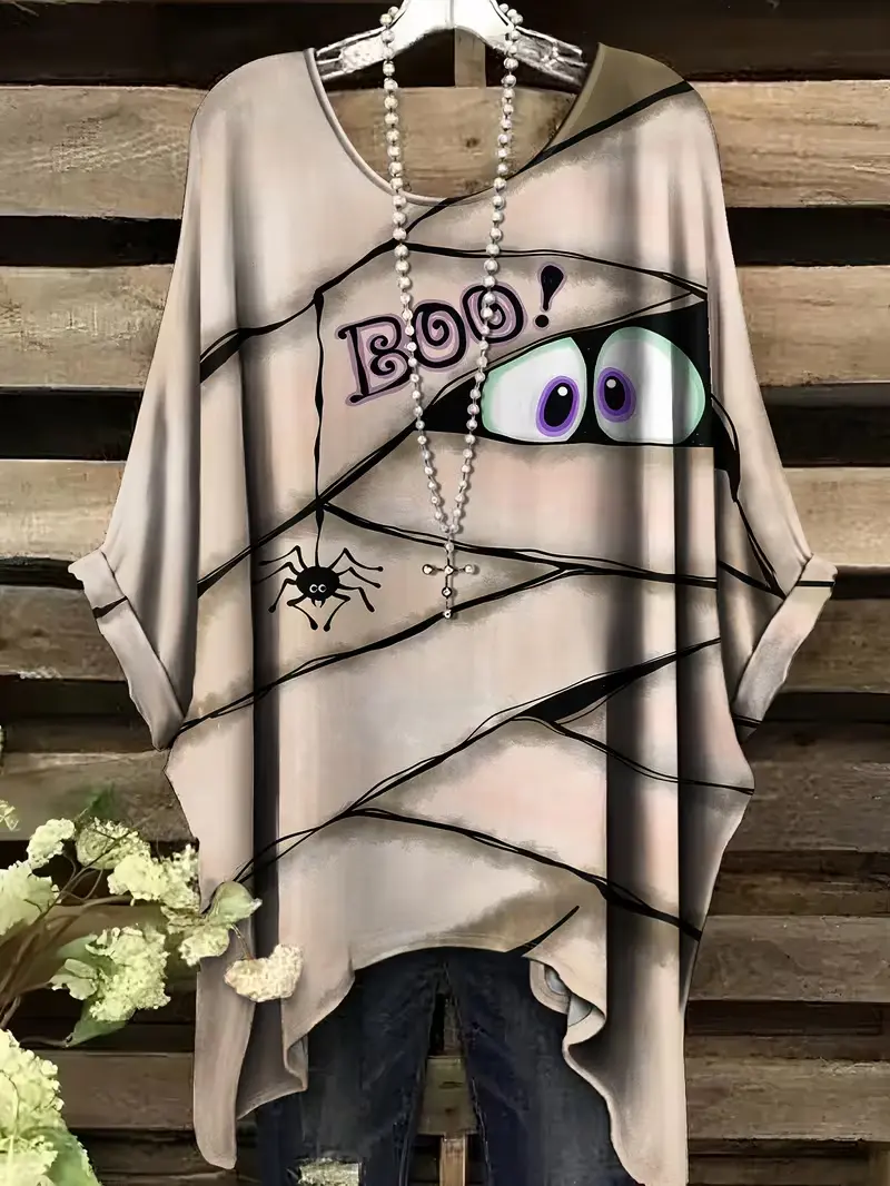 Summer Fashion New Arrival Plus Size Round Neck Cute-Eyed Spiderweb Print Mummy Halloween, Casual Elegant and Comfortable Women's Swallowtail Style Round Neck Short Sleeve T-Shirt, No Accessories