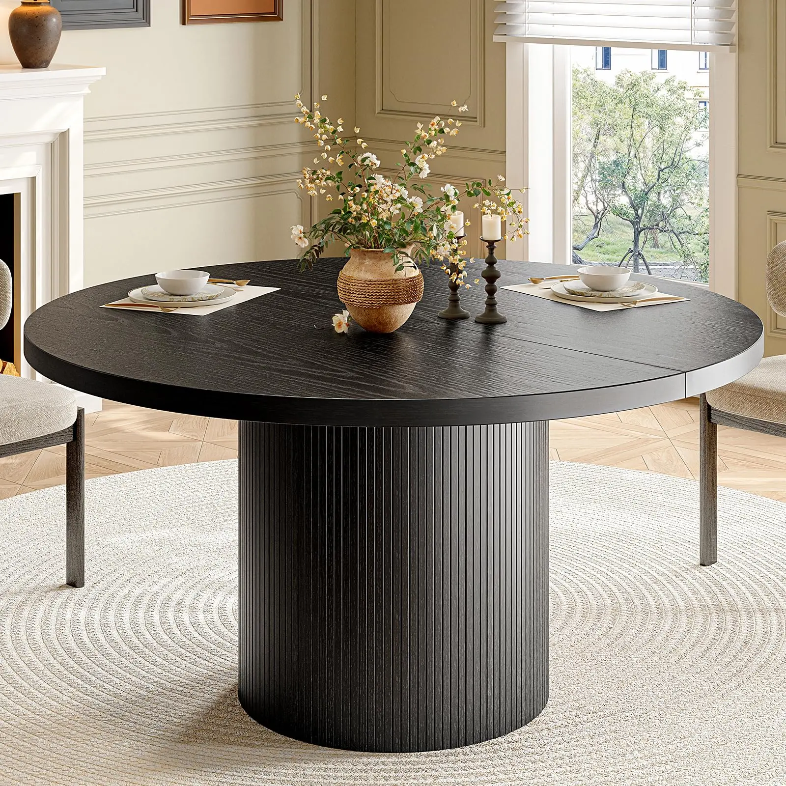 【SummerFinds】ONBRILL 47 Inch Round Dining Table for 4, Circle Kitchen Table with Wood Strip Base, Modern Farmhouse Dinner Tables for Kitchen, Living Room