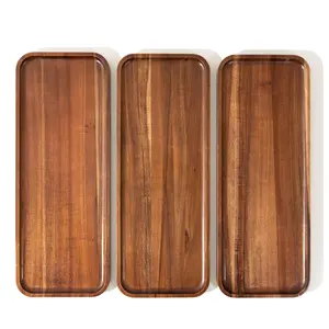 Large Solid Acacia Wood Serving Trays (17 x 6.5 inches) Rectangular Wooden Serving Platters for Home Decor, Food, Vegetables, Fruit, Charcuterie, Appetizer Serving Tray, Cheese Board (Set of 3 Plates) Family Small