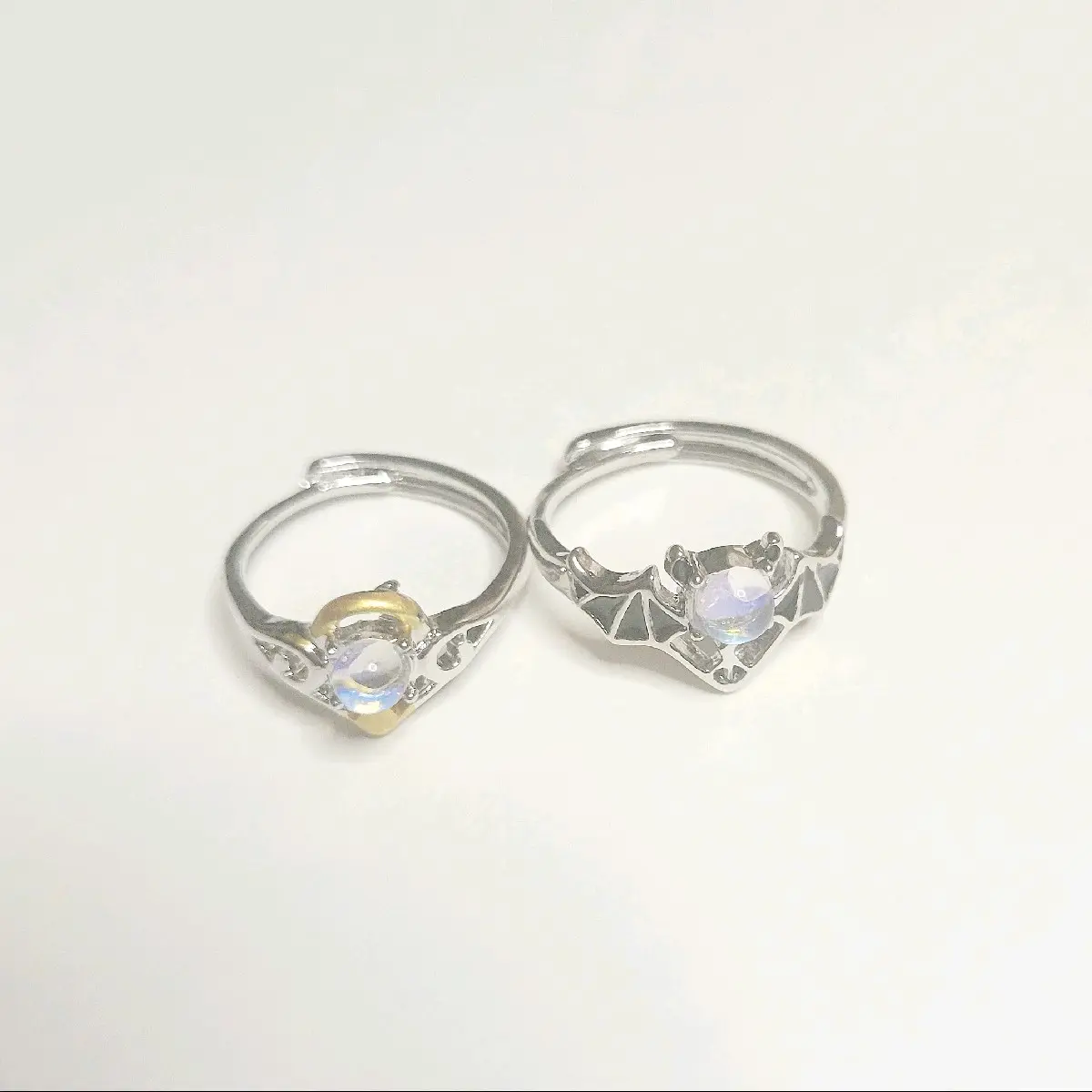 Goth matching angel and demon promise rings for couples adjustable with moonstone ring