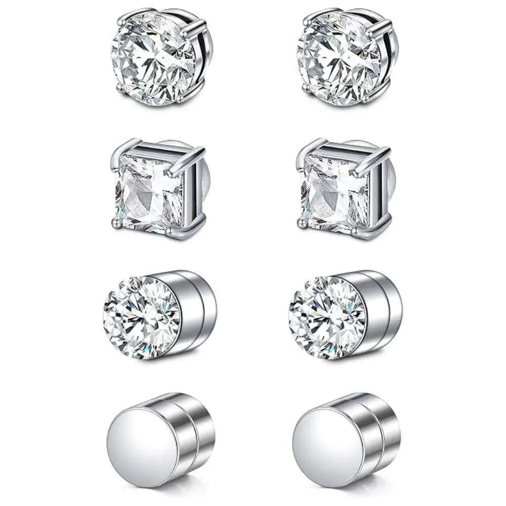 4-Pair Magnetic Stud Earrings for Women, Punk Stainless Steel Non-Piercing Ear Clips with Cubic Zirconia, Fake Costume Jewelry, Fake Piercings, Casual Wear
