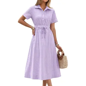 ANRABESS Womens Summer Midi Dress Short Sleeve Striped Plaid Button Collar Shirt Dresses 2026 Casual Beach Vacation Clothes