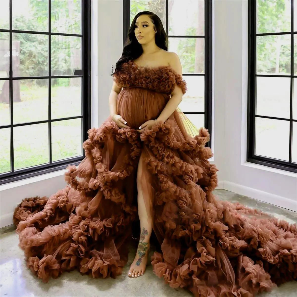 dress elegant pregnant woman evening dress robe one shoulder long transparent bride pregnancy tulle skirt fashion personality show belly