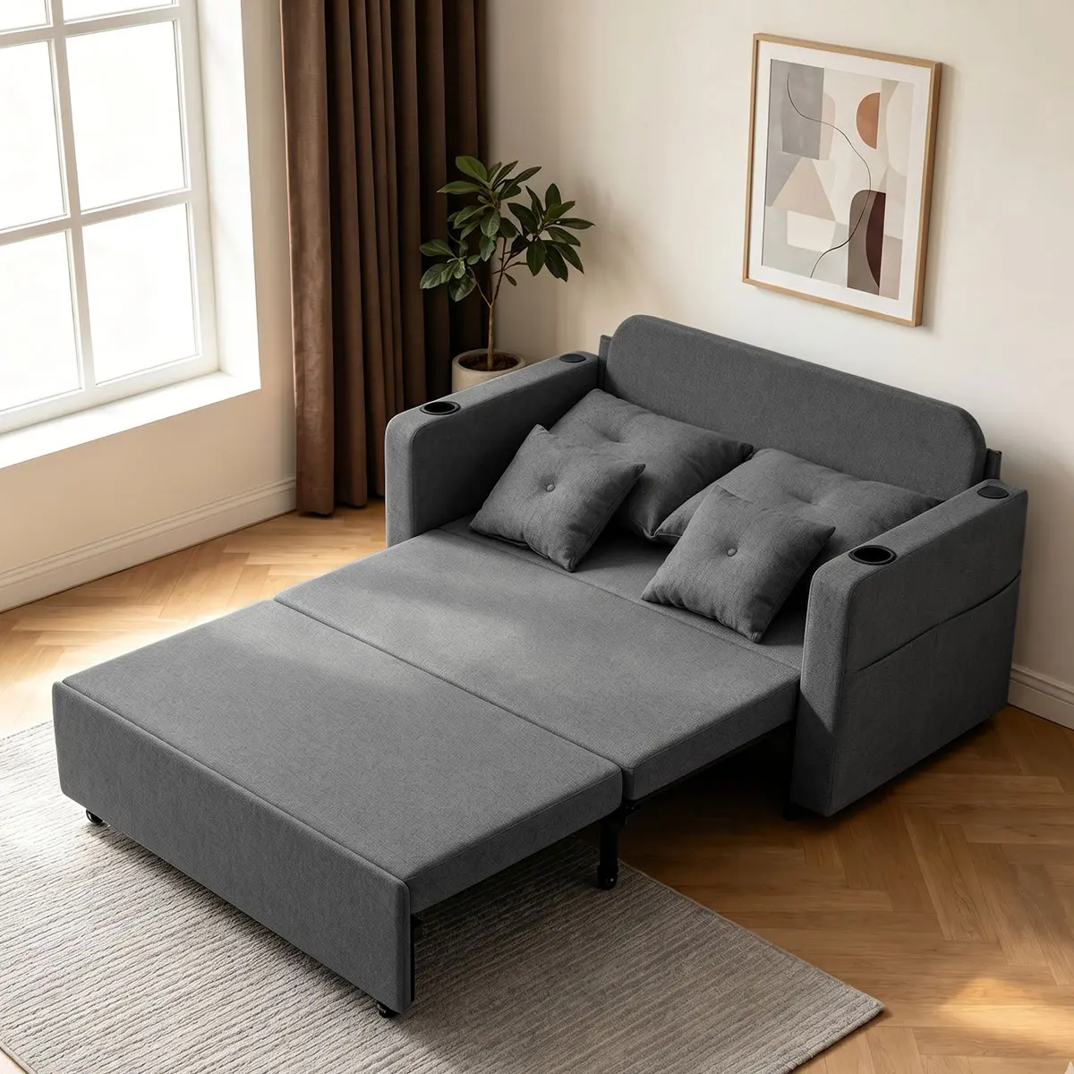 56" 3-in-1 Convertible Sofa Bed, Pull Out Sleeper Loveseat Couch with USB Ports & Cup Holders, Modern Sofa for Living Room, Bedroom, Apartment & Small Spaces Comfy Single Sofa Chair