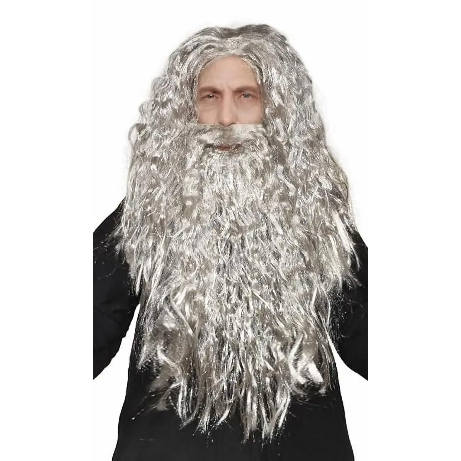 HandinHandCreations Wizard Wig Costume with Beard Included - One Size Fits All - Grey Color with Curly Moses Biblical Gandalf Look