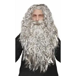 HandinHandCreations Wizard Wig Costume with Beard Included - One Size Fits All - Grey Color with Curly Moses Biblical Gandalf Look
