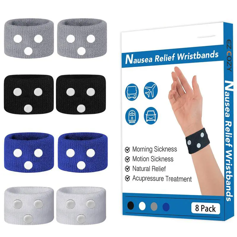 8-Pack Elastic Nylon Acupressure Wristbands, Drug-Free Anti-Nausea Bands for Travel, Flights, Cruises & Pregnancy, Ideal Gift