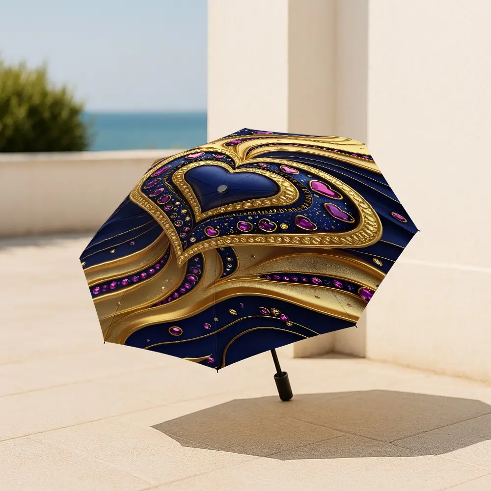 Gold Heart Diamond Luxury Pattern Automatic Folding Umbrella, Lightweight Compact Travel Umbrella, 8 Rib Strong Frame, Unisex, Portable Outdoor Accessory