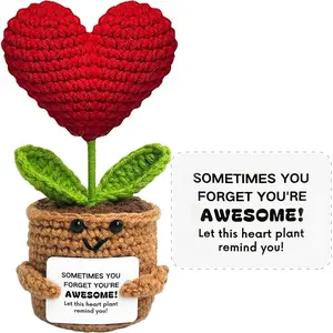 Mothers Day Gifts Positive Crochet Animal Heart Flower Gifts, Handmade Knitted Wool Doll with Positive Card for Cheer Up Gift Inspirational Emotional Support Crochet Sunflower Stuff for Birthday Gifts to Women Men
