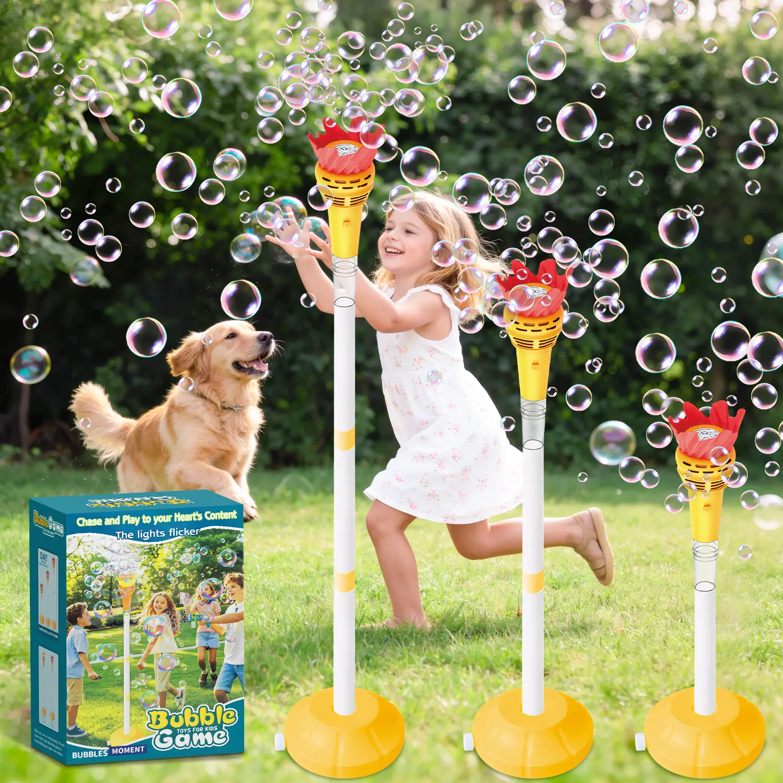 Infowush Torch Bubble Machine for Kids, Rechargable Bubble Maker Bubble Toys with Light, Outdoor Automatic Standing Height Adjustable Bubble Machine for Toddlers 1-3, Christmas Birthday Party Gifts