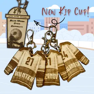 Custom Wooden Hockey and Kip Cup Keychains Laser Engraved