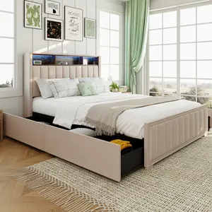 Upholstered Bed Frame with 4 Drawers, Platform Bed Frame with Storage Headboard, Built in Charging Station, No Box Spring Needed, Solid Wood Slats, Beige
