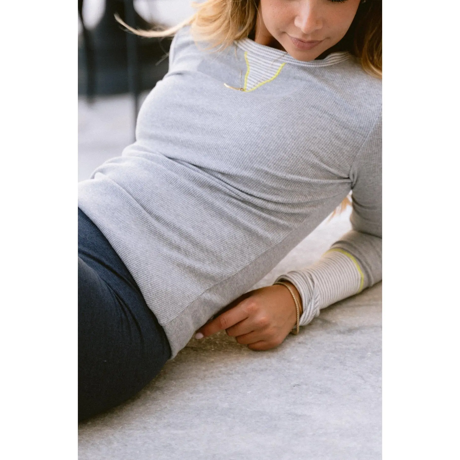 Women's Striped Ribbed Long Sleeve Top, Soft Cotton Spandex Knitwear with a Flattering Fit for Everyday Layering, Stripe, Fabric, Longsleeves, Comfortable, Ribbed Texture, Casual, Crew Neck, Flattering Cut