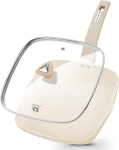 KOCH SYSTEME CS 9.5 Inch/ 11 Inch Ceramic Square Frying Pan with Lid, Versatile Nonstick Griddle Pan for Stove Tops, Induction Compatible, Toxic-Free, Cream White