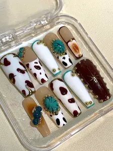 Western Cow Print Press On Nails | Turquoise Gem & Gold Accent Nail Set | Trendy Handmade Long Nails