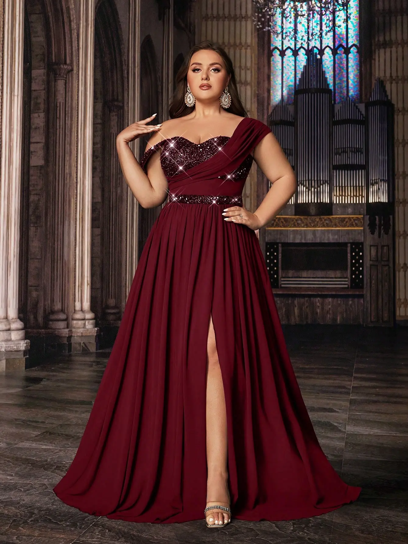 Plus Size Burgundy One-Shoulder Chiffon Evening Gown, Sequin Bodice High Slit Formal Evening Dress for Wedding Guest & Prom