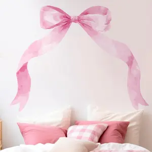 1 large pink bow wall sticker, suitable for background wall decoration in living room, bedroom, bathroom, etc., peel and stick, large watercolor bow sticker for room decoration, waterproof vinyl decal wall decoration. Christmas holiday party.