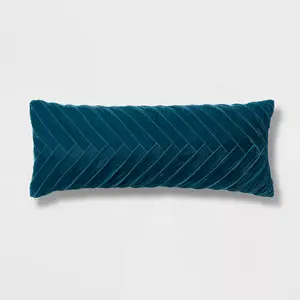 Oversized Oblong Pleated Velvet Decorative Throw Pillow Dark Teal Blue -