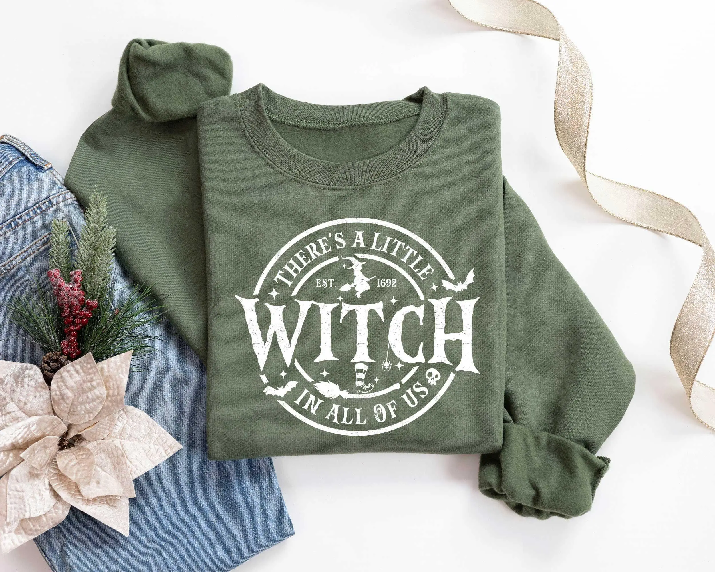 Theres a Little Witch in All of Us Sweatshirt, Est 1692 Halloween Crewneck for Women, Spooky Season Witchy Fall Sweatshirt, Gift Her