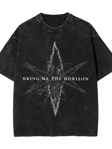 Bring Me the Horizon Pentagram Vintage Washed T-shirt | Metal Core Band Surrounding Retro Short Sleeves | American Street Rock Style Loose Shoulder Outfit