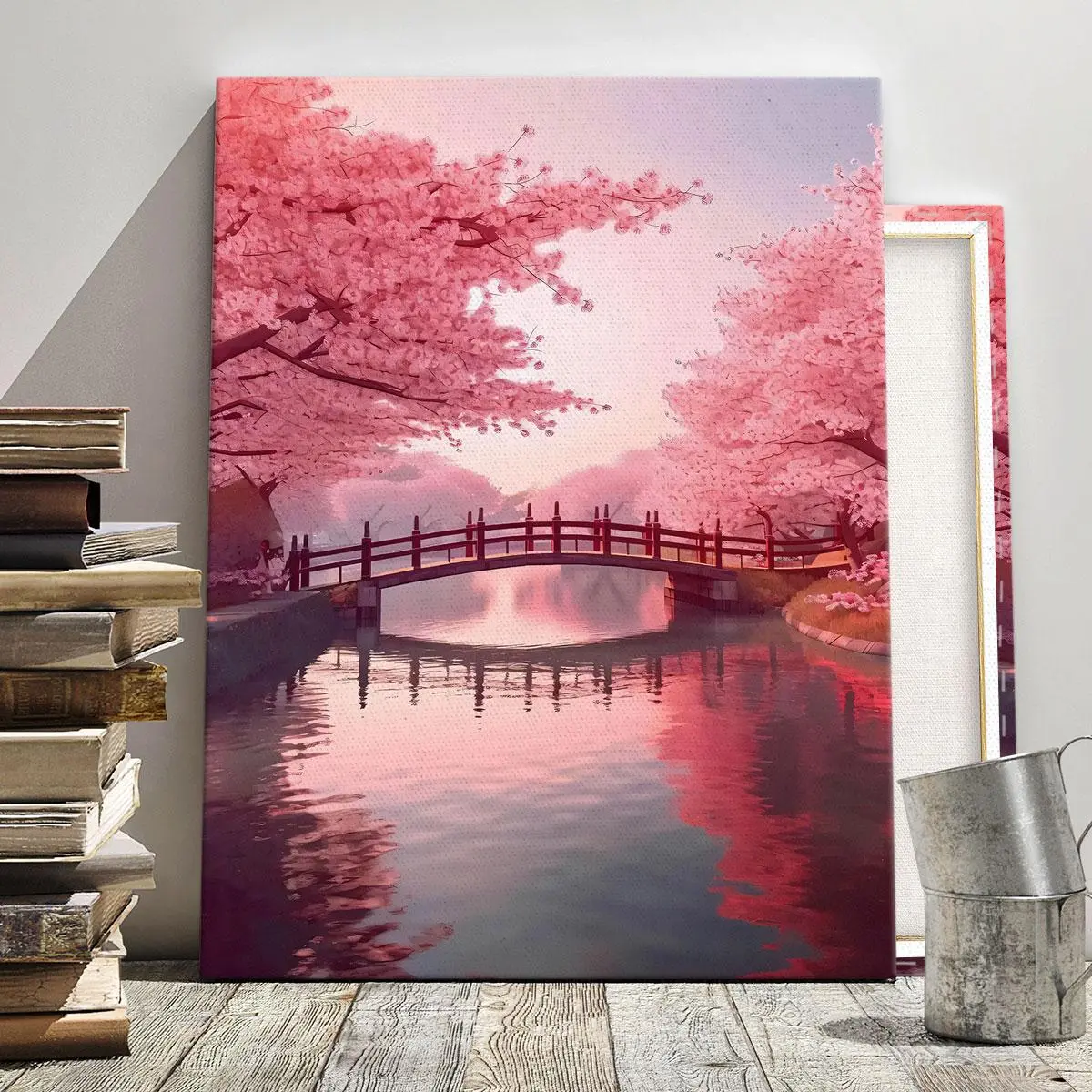 Cherry Blossoms and Bridge Pattern Watercolor Floral Design Canvas Painting with Frame, Modern Art Print, Wall Art Decor for Home Living Room Bedroom Office