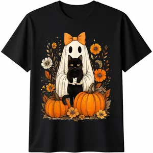100% Cotton Vintage Halloween Ghost Holding Black Cat Groovy Floral T-Shirt